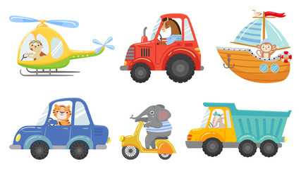 Cute animal drivers. Animal driving car, tractor and truck. Toy helicopter, sailboat and urban scooter. Driver and pilot, animals on street vehicle. Cartoon isolated vector illustration icons set