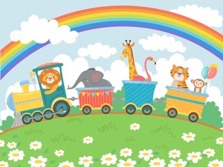 Cartoon animals travel. Zoo train, cute animal trains journey and funny pets traveling on locomotive. Train transportation, lion, giraffe and monkey character traveler vector background illustration © Tartila