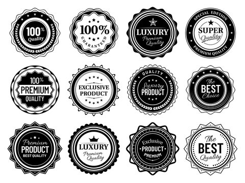 Premium quality badges. Best choise emblem, vintage labels and retro stencil badge. Product quality warranty sale sticker, luxury approval stamp tag. Isolated vector symbols bundle