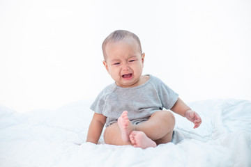 Babies are sad on the bed.