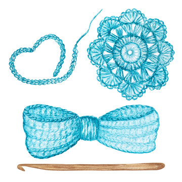 Close up Crochet light blue heart, bow, flower, hook hand made concept. Watercolor Hand drawn hobby Knitting and Crocheting tool set on white background.