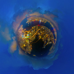 Little planet 360 degree sphere birds eye view. Panoramic view of aerial view of Hong Kong...