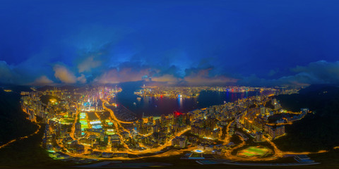 360 panorama by 180 degrees angle seamless panorama view of aerial view of Hong Kong Downtown....