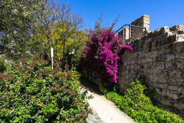 Gardens inside Tavira Castle, the most visited tourist sight in Tavira, Algarve, Portugal