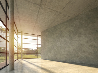 The interior space in the modern loft building with polished concrete 3d render, with large windows looking out over the nature,sunight shining into the room.