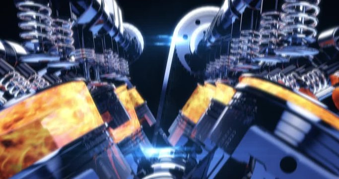 CG V8 Engine Animation - Lens Flares And Visual Effects. Pistons And Other Mechanical Parts Are In Motion With Explosions.