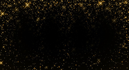 Gold glitter particles black background. Christmas luxury greeting card. Sparkling texture, confetti decoration. Golden star dust. Holiday glittering light effect. Magic shine. Vector illustration