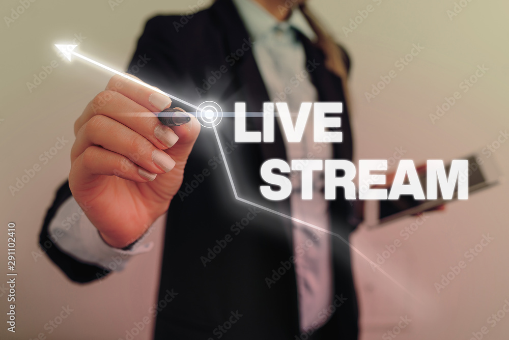 Aufkleber text sign showing live stream. business photo text transmit or receive video and audio coverage over