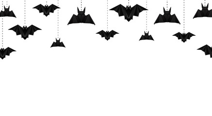 Horizontal greeting card with hanging origami bats. Festive 3d garland. Halloween invitation card. Vector template for banners, cards and your design.