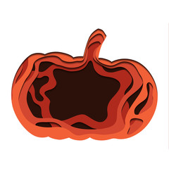 Carved paper cut pumpkin. Thanksgiving treat. Jack o lantern for Halloween party. Vector layered element for greeting cards, invitations and your creativity.