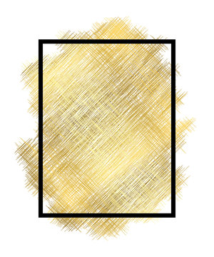 Gold metall texture, black frame. Golden color paint stroke isolated white background. Glitter stain design bright border, frame, Happy New Year banner, Christmas celebration. Vector illustration