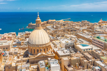 Aerial view of Lady of Mount Carmel church, St.Paul's Cathedral in Valletta city center, Malta.