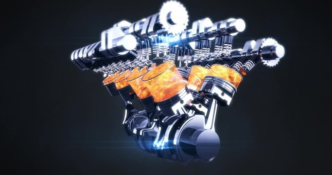 Complete Rotating V8 Engine Animation With Explosions. Pistons And Other Mechanical Parts Are In Motion.