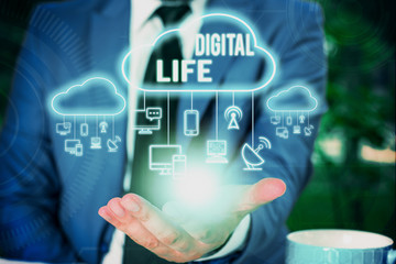 Writing note showing Digital Life. Business concept for Living in a world interconnected through Internet Multimedia Male wear formal work suit presenting presentation smart device