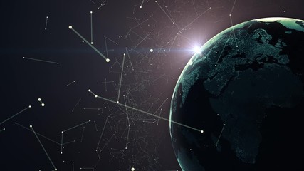 Earth globe with transparent night map of earth slow rotates around its axis, seamless futuristic technology animation of digital world with light effects on deep blue gradient background