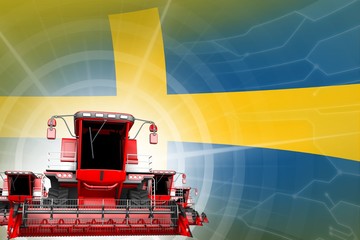 Naklejka premium Farm machinery modernisation concept, red modern grain combine harvesters on Sweden flag - digital industrial 3D illustration