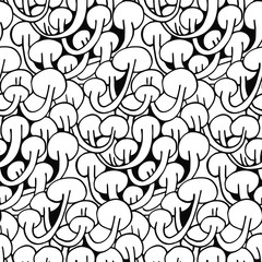 Mushroom shape seamless pattern. Cartoon hand drawn doodles.Trace line art detailed, black and white endless texture.Modern fantasy background for youth design.Great for coloring book, printing.