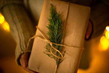 hands in sweater with gift in craft paper, branch