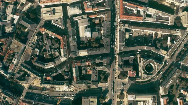 Aerial top down view of streets and buildings in Munich centre, Germany