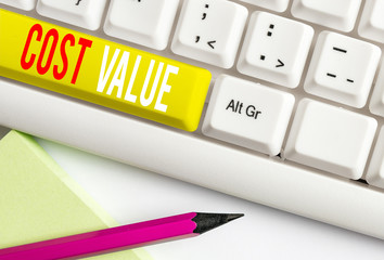 Handwriting text writing Cost Value. Conceptual photo The amount that usualy paid for a item you...