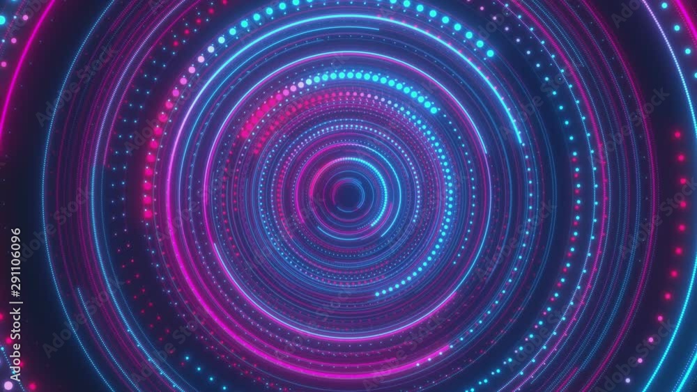 Poster looped animation. abstract background with moving through bright circles in red and blue color. mode