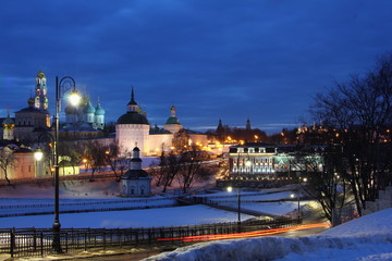 Sergiev Posad Moscow area, Troitse Sergieva lavra and city pond with bridge in winter night, view from observation deck