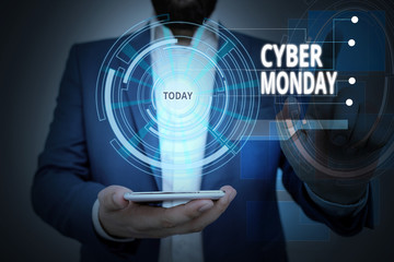 Conceptual hand writing showing Cyber Monday. Concept meaning Marketing term for Monday after thanksgiving holiday in the US Male wear formal suit presenting presentation smart device