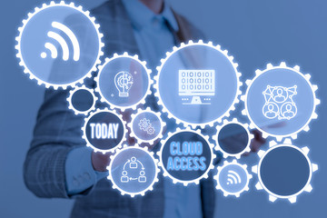 Writing note showing Cloud Access. Business concept for Software tool between the organization and the provider Woman wear formal work suit presenting presentation using smart device