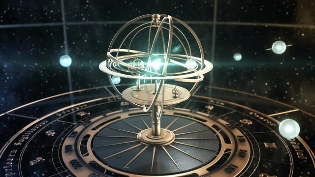 4K. Armillary Sphere And Astrology Signs On Background Of Starry Sky. 3D Animation. 3840x2160.