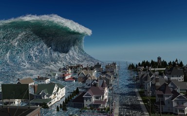 Tsunami wave apocalyptic water view urban flood Storm. 3D illustration - obrazy, fototapety, plakaty