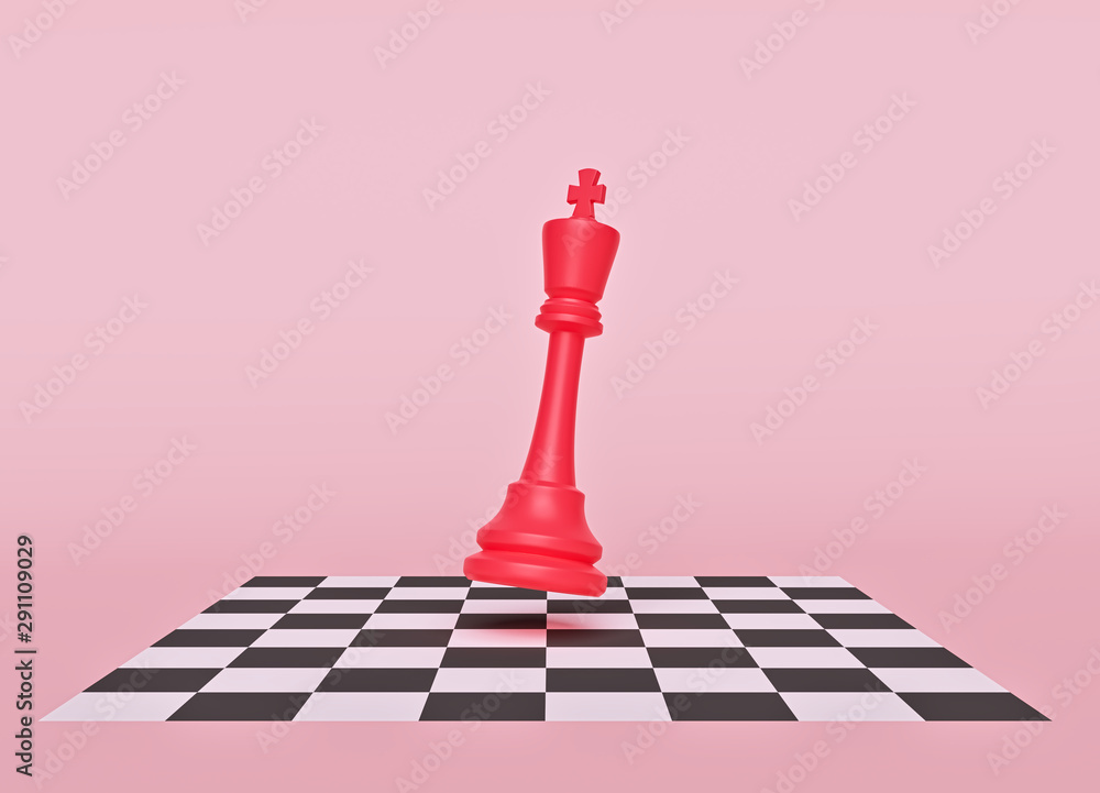 Poster red chess king on a chess board. minimal style. 3d rendering