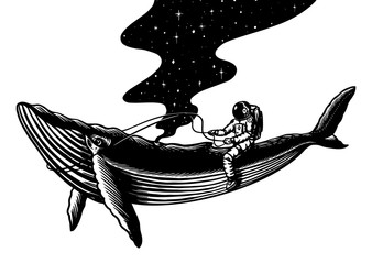 Spaceman and whale. Astronaut in the solar system. Engraved hand drawn Old sketch in vintage style.