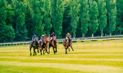 Horse race riding sport jockeys competition horses running watercolor painting illustration