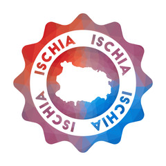 Ischia low poly logo. Colorful gradient travel logo of the island in geometric style. Multicolored polygonal Ischia rounded sign with map for your infographics.