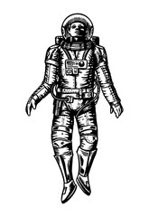 Soaring Spaceman in space. Astronaut in the solar system. Engraved hand drawn Old sketch in vintage style.