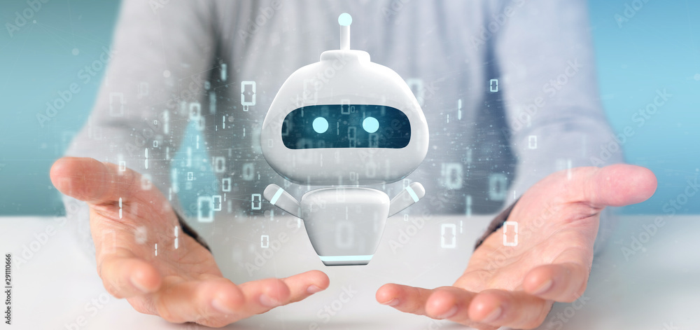 Poster businessman holding chatbot with binary code 3d rendering