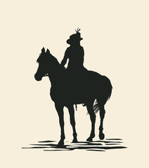 Silhouette of a woman on a horse. Elegant horsewoman in a hat with feathers. Vector Illustration.