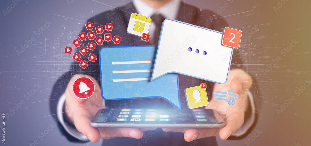 Poster businessman holding message and notifications of social media 3d rendering