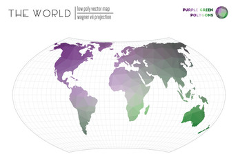 World map with vibrant triangles. Wagner VII projection of the world. Purple Green colored polygons. Stylish vector illustration.