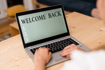 Word writing text Welcome Back. Business photo showcasing Warm Greetings Arrived Repeat Gladly Accepted Pleased woman laptop computer smartphone mug office supplies technological devices