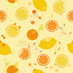 Citrus seamless pattern: isolated lemons and oranges with blots on a light background. Flat vector. Illustration.