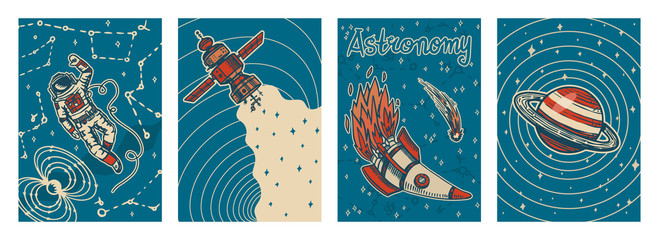 Set of vintage space banners. Galaxy Poster in retro style. Planets and universe, astronaut or astronomer in zero gravity, spaceship and science. Hand drawn engraved vector template on blue background © artbalitskiy