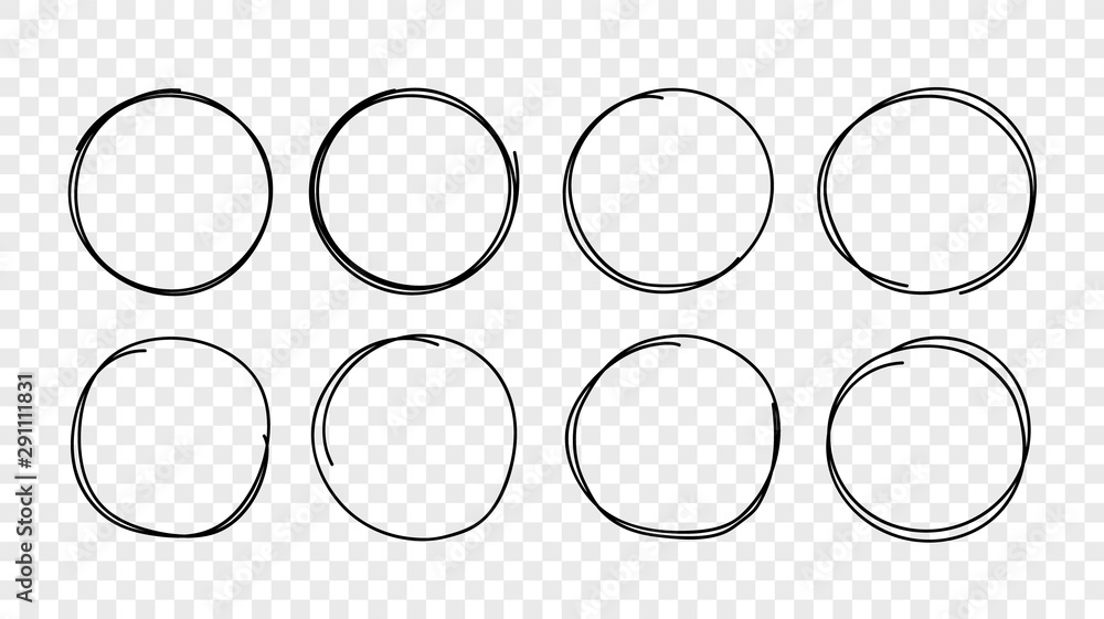 Poster Hand drawn circles sketch frame set. Vector rounds scribble line circles isolated on transparent background.