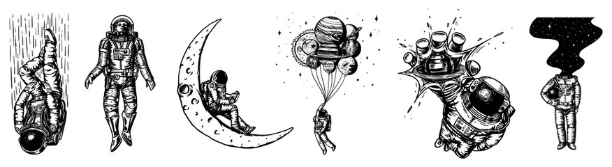 Set of Astronauts in the solar system. Spaceman and whale, taking off cosmonaut, planets in space, balloons and the moon. Engraved hand drawn Old sketch in vintage style.