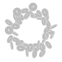 Indian rupee coins falling. Scattered black and wh