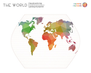 World map in polygonal style. Ginzburg VIII projection of the world. Colorful colored polygons. Amazing vector illustration.