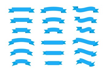 Set blue ribbons banners isolated on white background. Vector flat illustration.