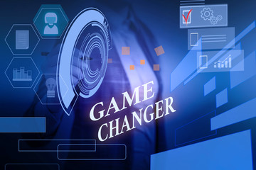 Word writing text Game Changer. Business photo showcasing Sports Data Scorekeeper Gamestreams Live Scores Team Admins Woman wear formal work suit presenting presentation using smart device