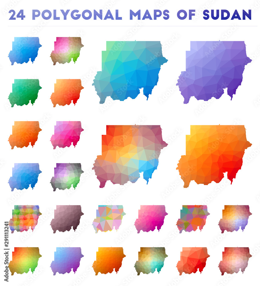 Poster set of vector polygonal maps of sudan. bright gradient map of country in low poly style. multicolore