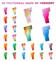 Set of vector polygonal maps of Vermont. Bright gradient map of us state in low poly style. Multicolored Vermont map in geometric style for your infographics.